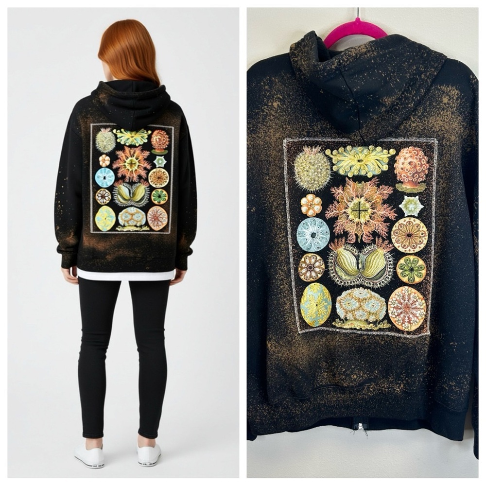 Upcycled Black Hoodie Sea Ascidiae Unisex XL Graphic Goth Eclectic Nature Art